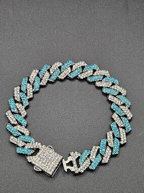 Two Tone Silver Blue Cuban Bracelet 8"
